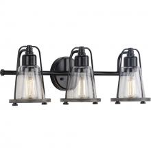 Progress P300297-031 - Conway Collection 3-Light Matte Black Clear Seeded Farmhouse Bath Vanity Light