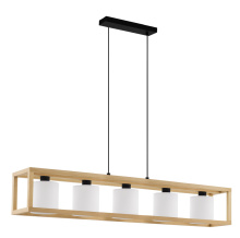 Eglo Canada 390102A - 5 LT Linear Pendant w/ Natural Wood Open Frame & White Fabric Shades